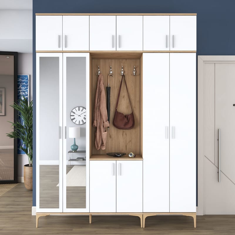 Garderobestativ Wallxpert Isla Hylde v2 (180 x 240 x 37,5 cm) Valnød hvid - Valnød og hvid - Møbler - Entrémøbler - Møbelsæt til hall og entre