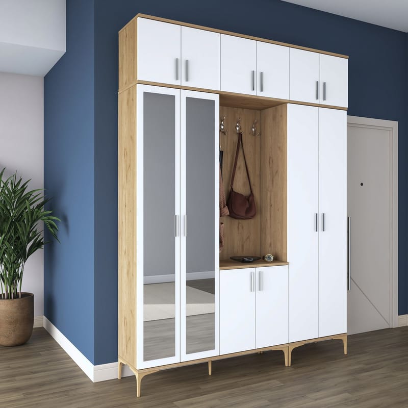Garderobestativ Wallxpert Isla Hylde v2 (180 x 240 x 37,5 cm) Valnød hvid - Valnød og hvid - Møbler - Entrémøbler - Møbelsæt til hall og entre