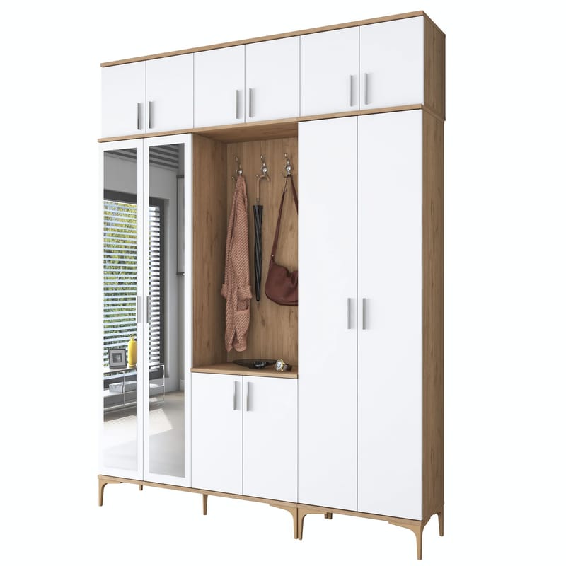Garderobestativ Wallxpert Isla Hylde v2 (180 x 240 x 37,5 cm) Valnød hvid - Valnød og hvid - Møbler - Entrémøbler - Møbelsæt til hall og entre