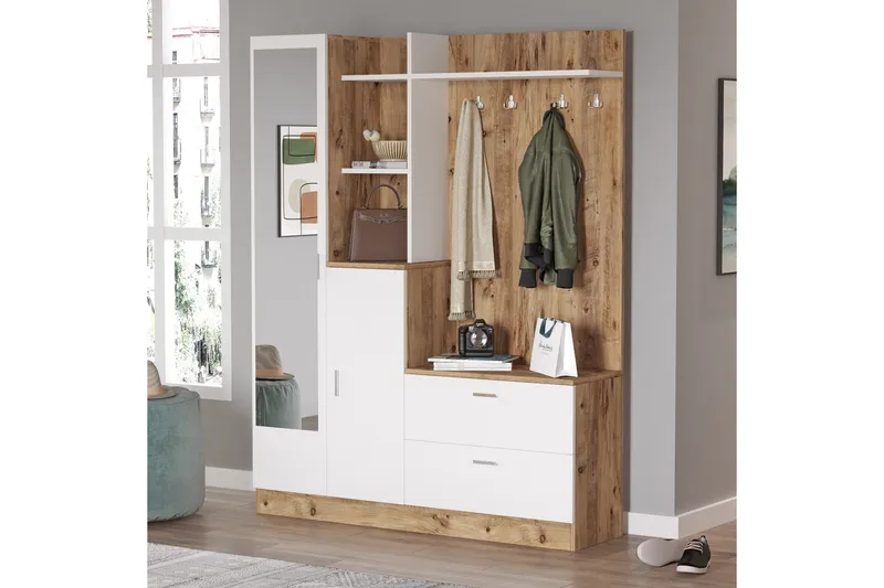 Hialeh Entrémøbelsæt 37x140 cm - Natur/Hvid - Møbler - Entrémøbler - Møbelsæt til hall og entre