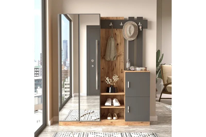 Hialeh Entrémøbelsæt 38x147 cm - Natur / antracit - Møbler - Entrémøbler - Møbelsæt til hall og entre