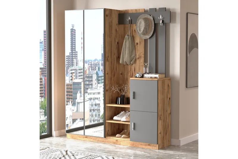 Hialeh Entrémøbelsæt 38x147 cm - Natur / antracit - Møbler - Entrémøbler - Møbelsæt til hall og entre