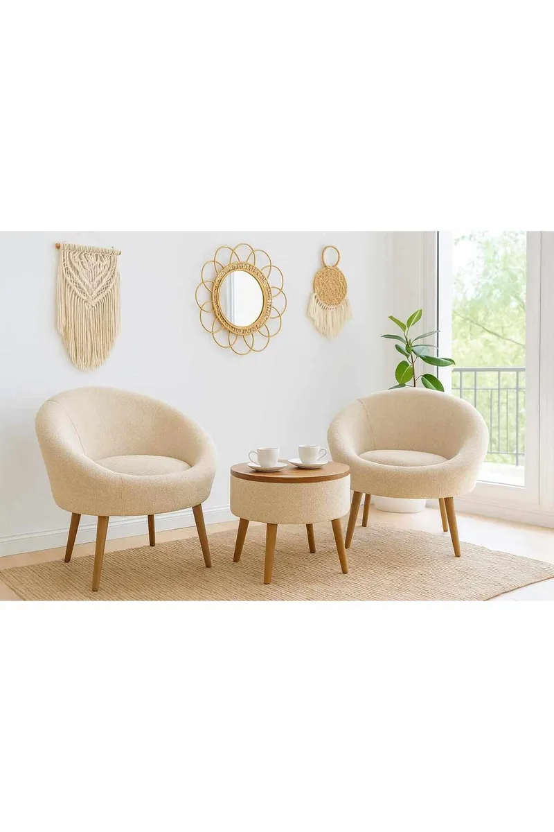 Ørelænestol- og sofabordssæt (3 dele) Atelier Del Sofa Lida Linen (75 x 100 x 42 cm) Creme - Møbler - Møbelsæt - Møbelsæt til stuen