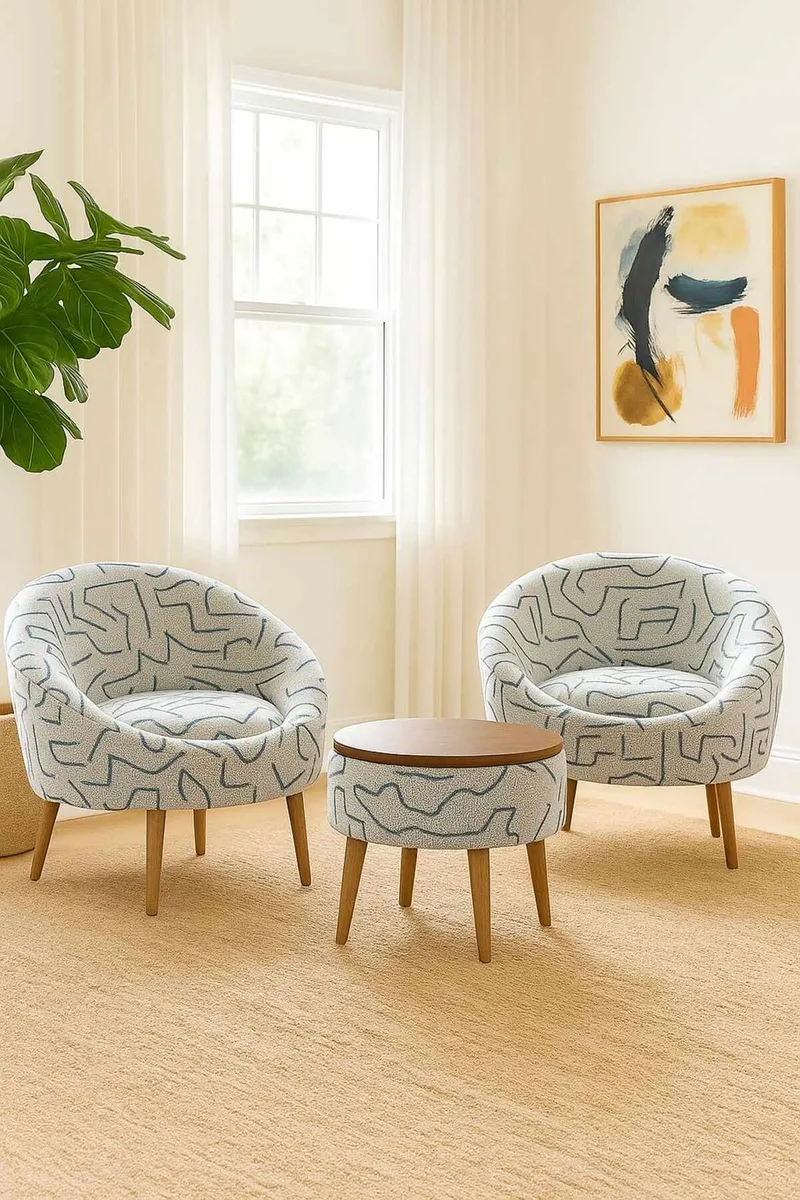 Ørelænestol- og sofabordssæt (3 dele) Atelier Del Sofa Lida Weave (75 x 100 x 42 cm) Mørkeblå Hvid - Mørkeblå og hvid - Møbler - Møbelsæt - Møbelsæt til stuen