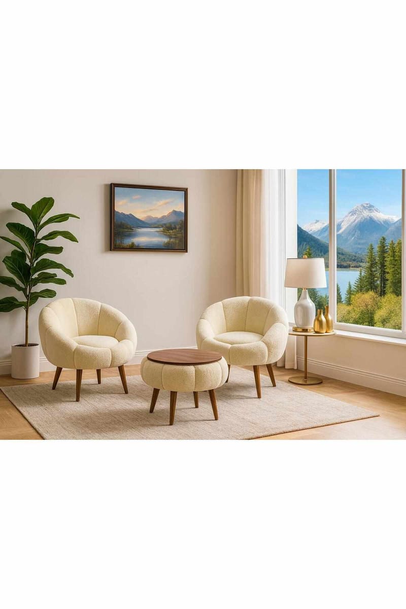 Ørelænestol- og sofabordssæt (3 dele) Atelier Del Sofa Lida Wellsoft (75 x 100 x 42 cm) Creme - Møbler - Møbelsæt - Møbelsæt til stuen