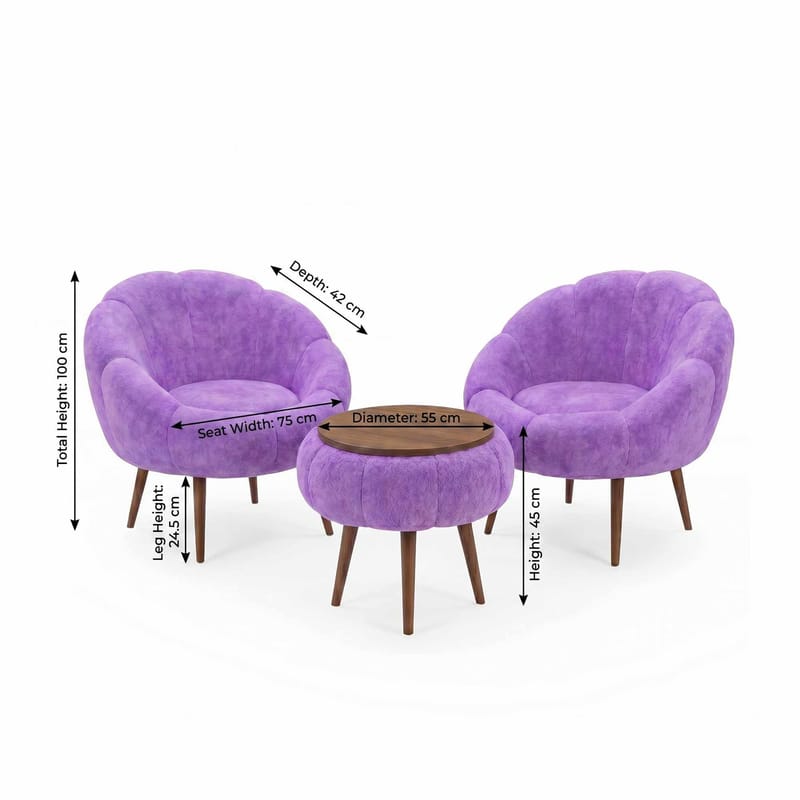 Ørelænestol- og sofabordssæt (3 dele) Atelier Del Sofa Lida Wellsoft (75 x 100 x 42 cm) Lilla - Møbler - Møbelsæt - Møbelsæt til stuen