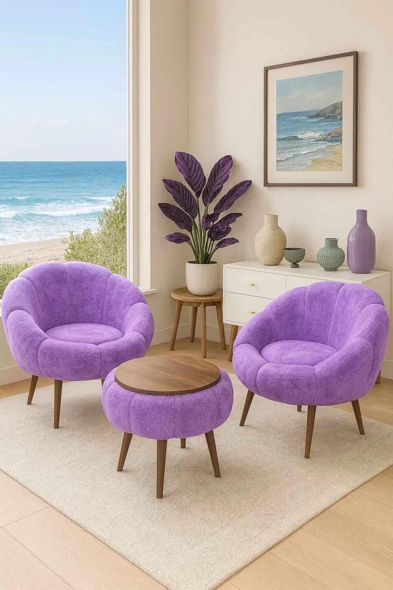 Ørelænestol- og sofabordssæt (3 dele) Atelier Del Sofa Lida Wellsoft (75 x 100 x 42 cm) Lilla - Møbler - Møbelsæt - Møbelsæt til stuen