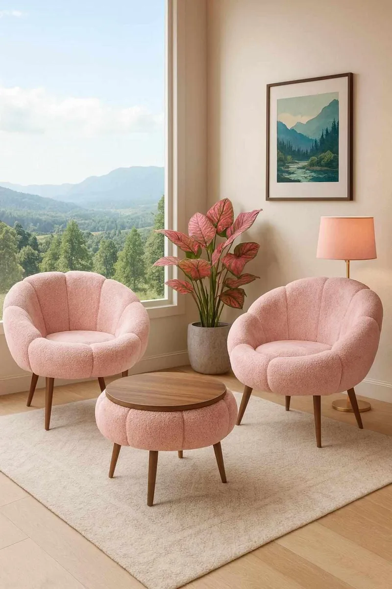 Ørelænestol- og sofabordssæt (3 dele) Atelier Del Sofa Lida Wellsoft (75 x 100 x 42 cm) Lyserød - Møbler - Møbelsæt - Møbelsæt til stuen