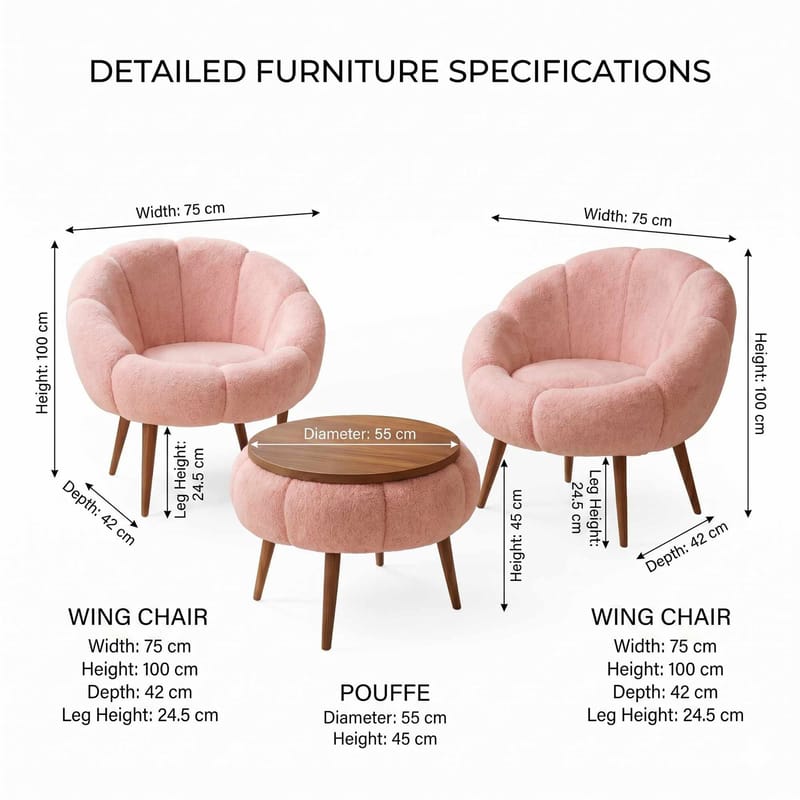 Ørelænestol- og sofabordssæt (3 dele) Atelier Del Sofa Lida Wellsoft (75 x 100 x 42 cm) Lyserød - Møbler - Møbelsæt - Møbelsæt til stuen
