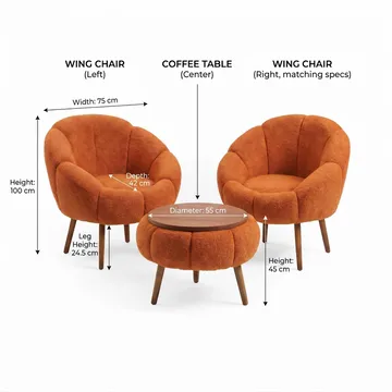 Ørelænestol- og sofabordssæt (3 dele) Atelier Del Sofa Lida Wellsoft (75 x 100 x 42 cm) Orange - Møbler - Møbelsæt - Møbelsæt til stuen