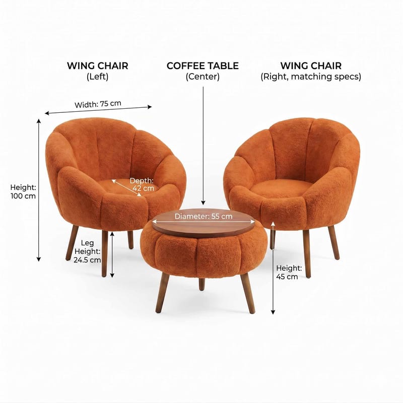 Ørelænestol- og sofabordssæt (3 dele) Atelier Del Sofa Lida Wellsoft (75 x 100 x 42 cm) Orange - Møbler - Møbelsæt - Møbelsæt til stuen
