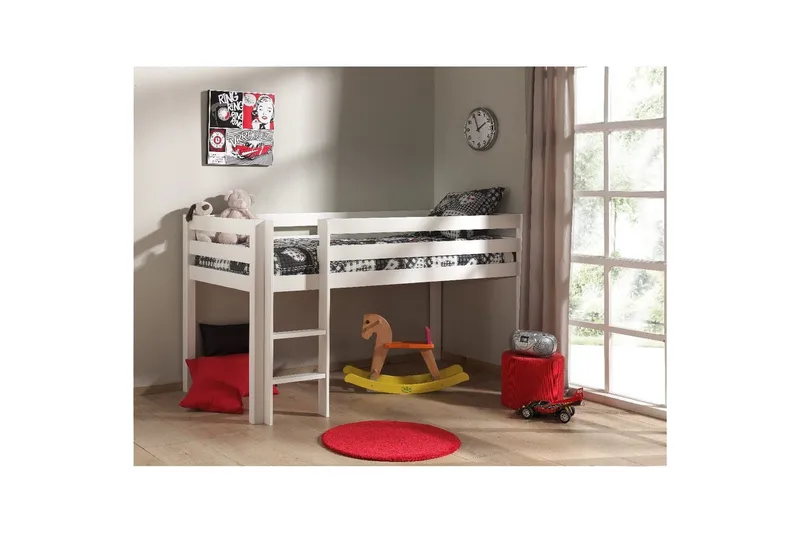 Halvhøj seng med skrivebord, fireskabs skab, hængende hylde og tos dørs skab Pino - Møbler - Møbelsæt - Møbelsæt til soveværelse