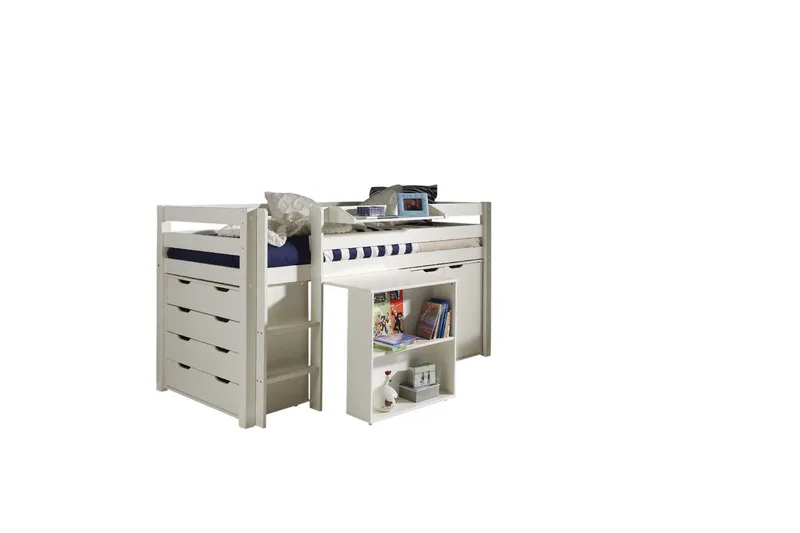 Halvhøj seng med skrivebord, fireskabs skab, hængende hylde og tos dørs skab Pino, undefined