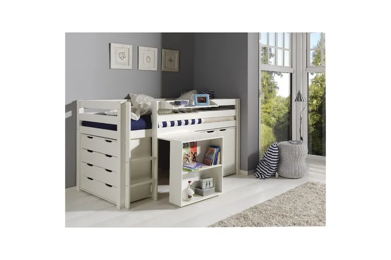 Halvhøj seng med skrivebord, fireskabs skab, hængende hylde og tos dørs skab Pino - Møbler - Møbelsæt - Møbelsæt til soveværelse