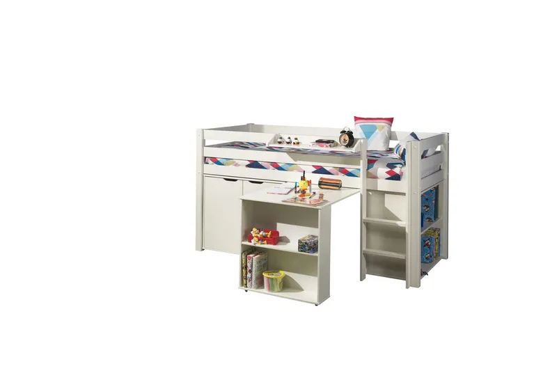 Halvhøj seng med skrivebord, reol, tos dørs skab og hængende hylde Pino, undefined