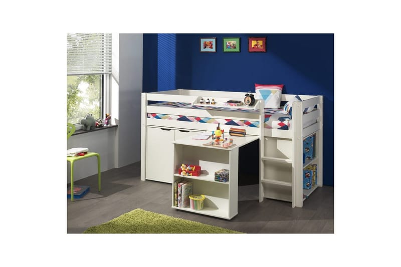 Halvhøj seng med skrivebord, reol, tos dørs skab og hængende hylde Pino - Møbler - Møbelsæt - Møbelsæt til soveværelse