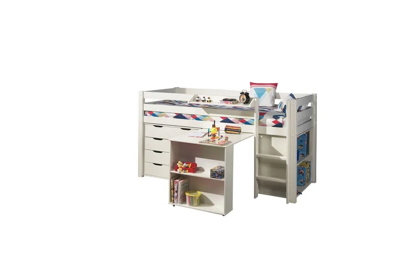 Halvhøj seng med skrivebord, reol og fireskabs skab med hængende hylde Pino, undefined