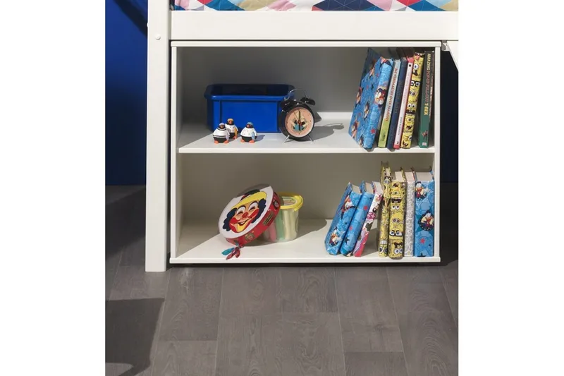 Halvhøj seng med skrivebord, reol og fireskabs skab med hængende hylde Pino - Møbler - Møbelsæt - Møbelsæt til soveværelse