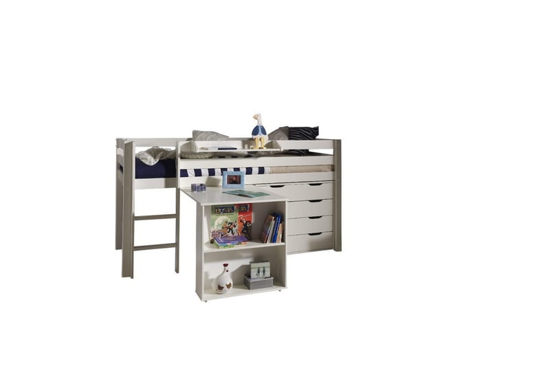 Halvhøj seng med skrivebord og fireskabs skab med hængende hylde Pino, undefined