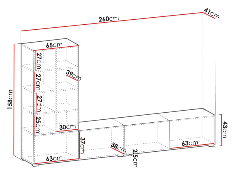 Klinkerville møbelsæt rillet TV-bænk vitrineskab med LED-belysning væghængt - gulvstående 260 cm - Valnød brun - Møbler - Møbelsæt - Møbelsæt til stuen