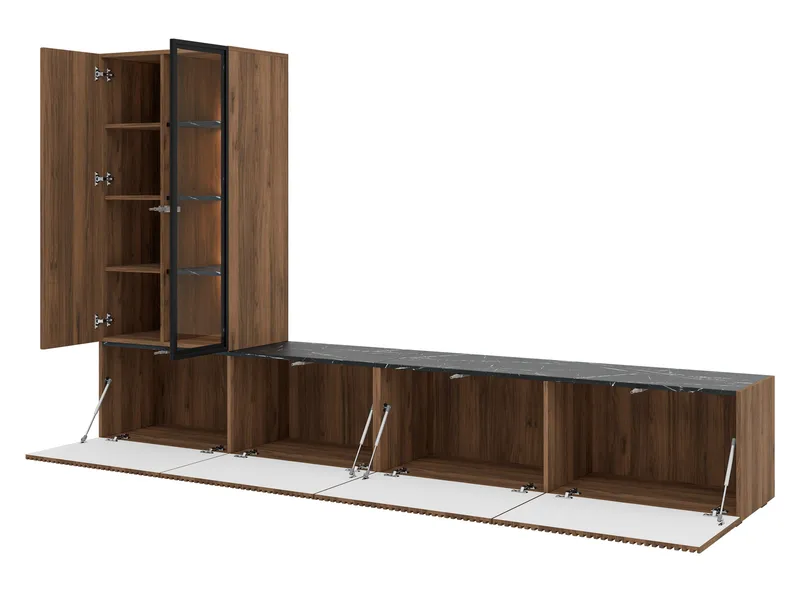 Klinkerville møbelsæt rillet TV-bænk vitrineskab med LED-belysning væghængt - gulvstående 260 cm - Valnød brun - Møbler - Møbelsæt - Møbelsæt til stuen