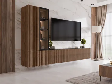 Klinkerville møbelsæt rillet TV-bænk vitrineskab med LED-belysning væghængt - gulvstående 260 cm - Valnød brun - Møbler - Møbelsæt - Møbelsæt til stuen
