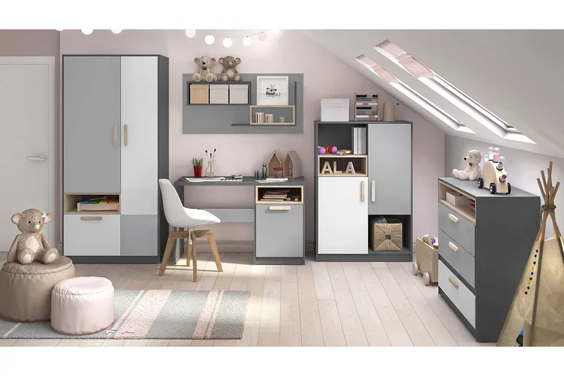 Pok soveværelse sæt børn, Grå / Hvid