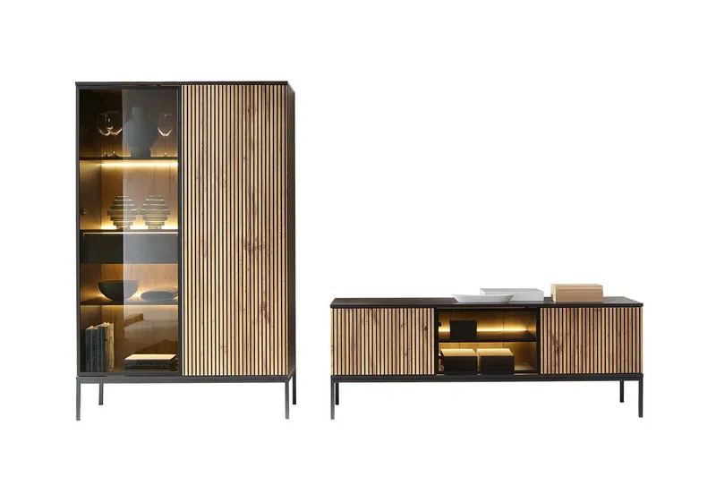 Klinkerville Møbelsæt Stue – TV-bord og Vitrineskab med Belysning, Sort