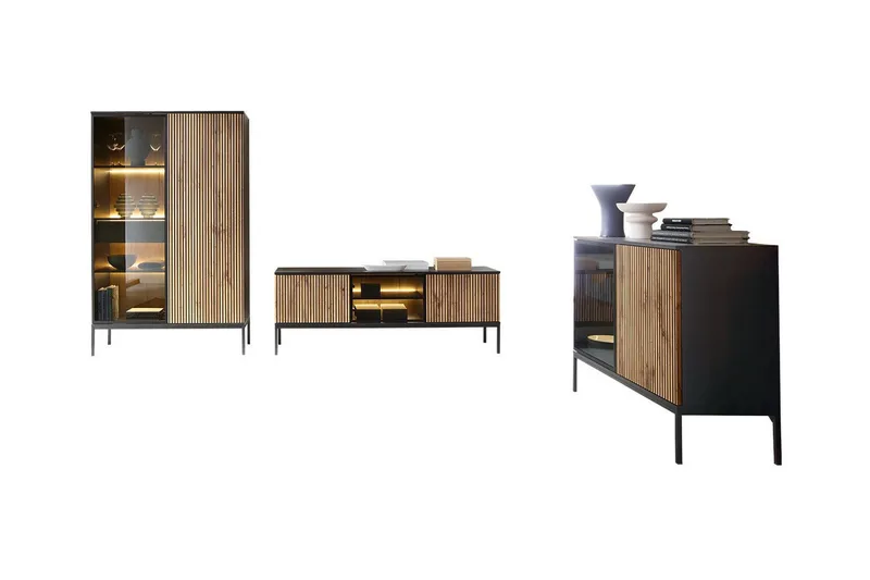 Klinkerville Møbelsæt Stue med Belysning bænk vitrineskab, Sort