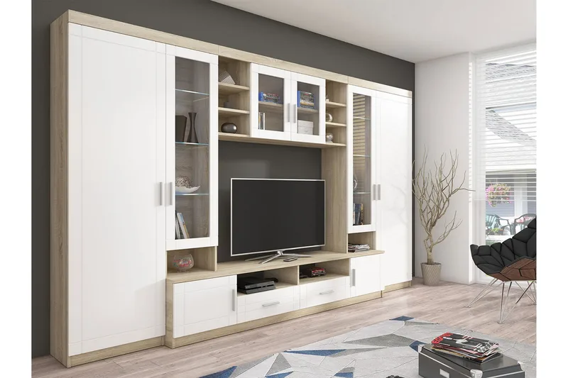 Paris Stuesæt 340x44x197,5 cm, Eg / Hvid LED-belysning