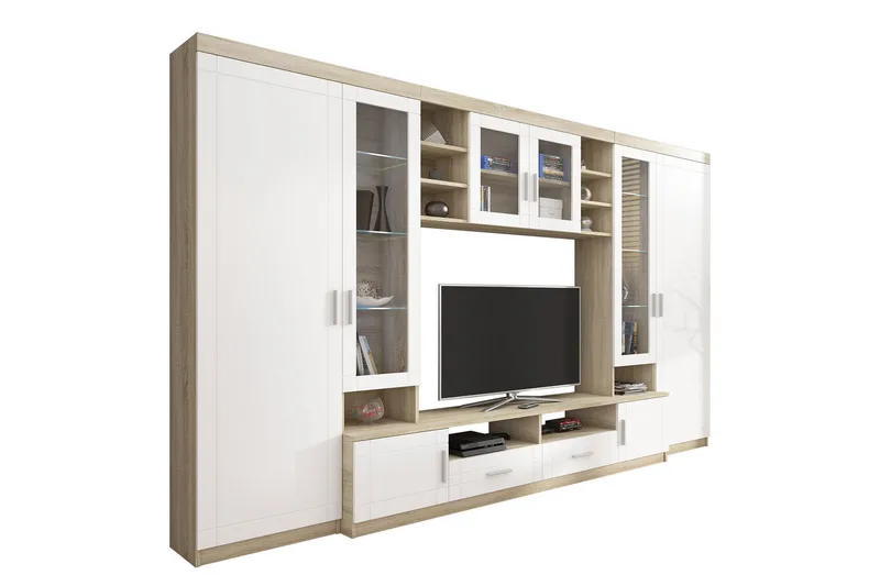 Paris Stuesæt 340x44x197,5 cm - Eg / Hvid LED-belysning - Møbler - Møbelsæt - Møbelsæt til stuen