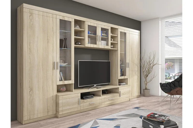 Paris Stuesæt 340x44x197,5 cm, Eg / Hvid LED-belysning