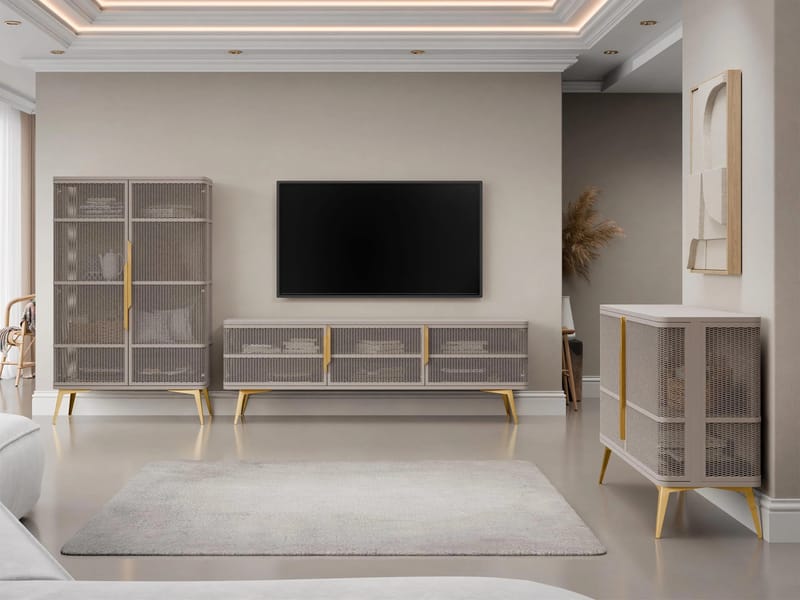 Mireva Møbelsæt til stuen - TV-bænk, vitrineskab og skænk - beige, guld - Møbler - Møbelsæt - Møbelsæt til stuen