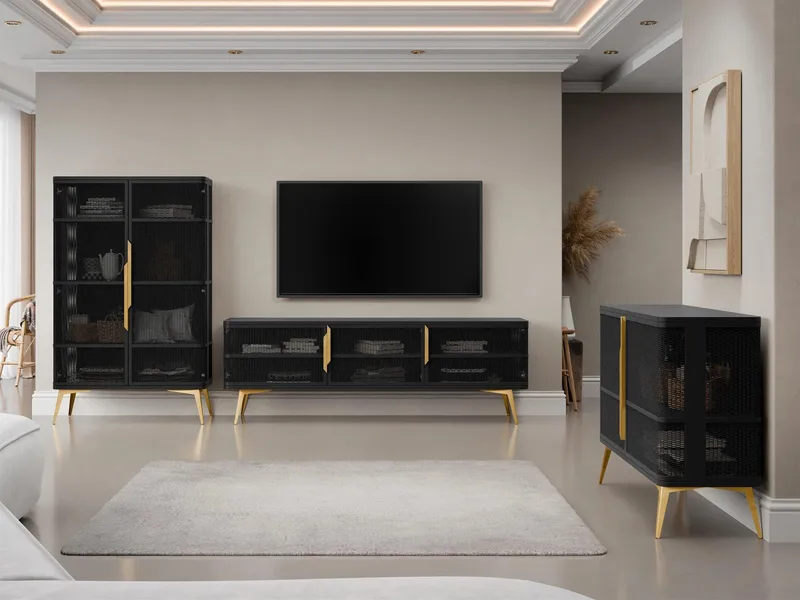 Mireva Møbelsæt til stuen - TV-bænk, vitrineskab og skænk, sort, guld