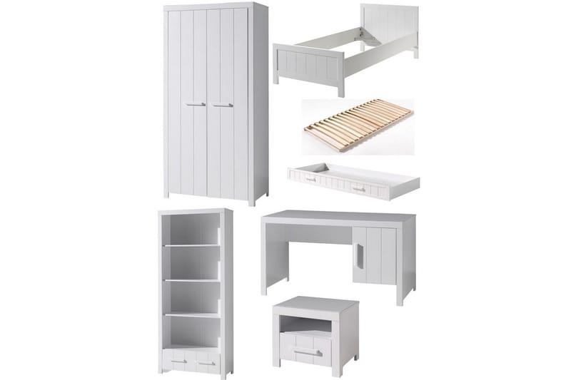 Seng med lamelbund Natbord 2-dørs garderobeskab Skrivebord Bogreol Skuffe Erik, undefined