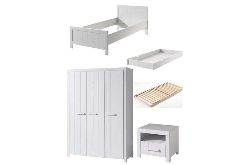 Seng med lamelbund natbord 3-dørs garderobe skuffe Erik, undefined