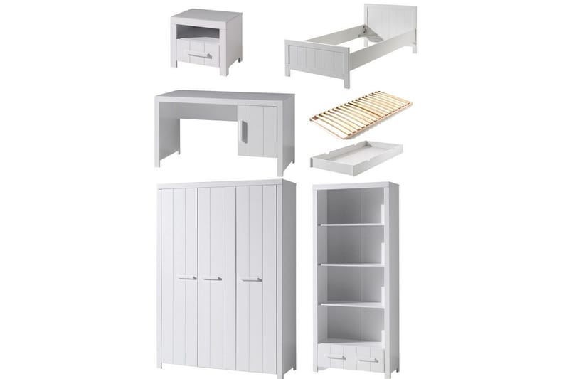 Seng med lamelbund Natbord 3-dørs garderobeskab Skrivebord Bogreol Skuffe Erik, undefined