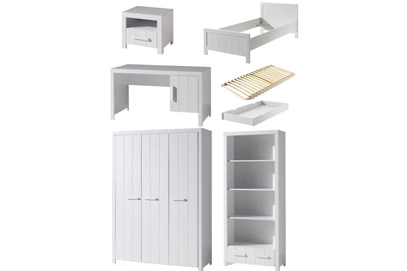 Seng med lamelbund Natbord 3-dørs garderobeskab Skrivebord Bogreol Skuffe Erik, undefined