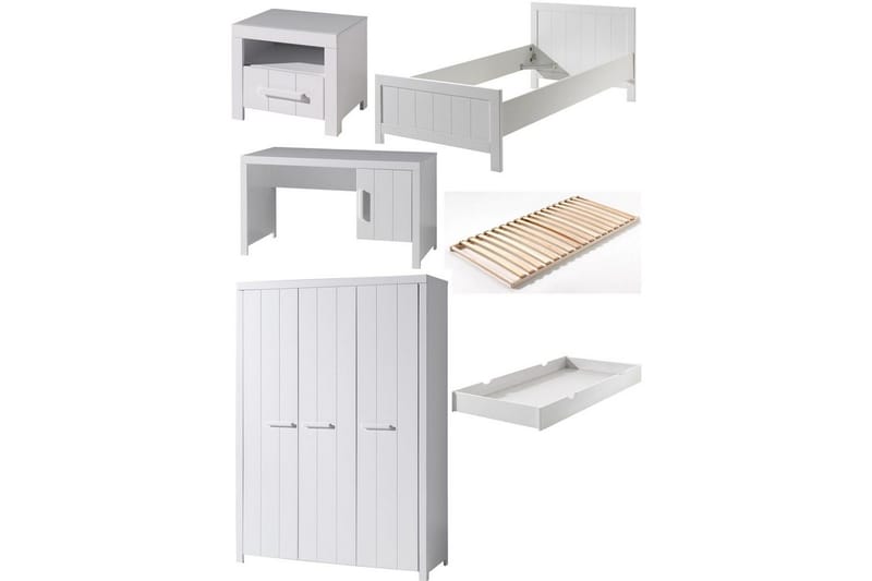 Seng med lamelbund Natbord 3-dørs garderobeskab Skrivebord Skuffe Erik - Møbler - Møbelsæt - Møbelsæt til soveværelse