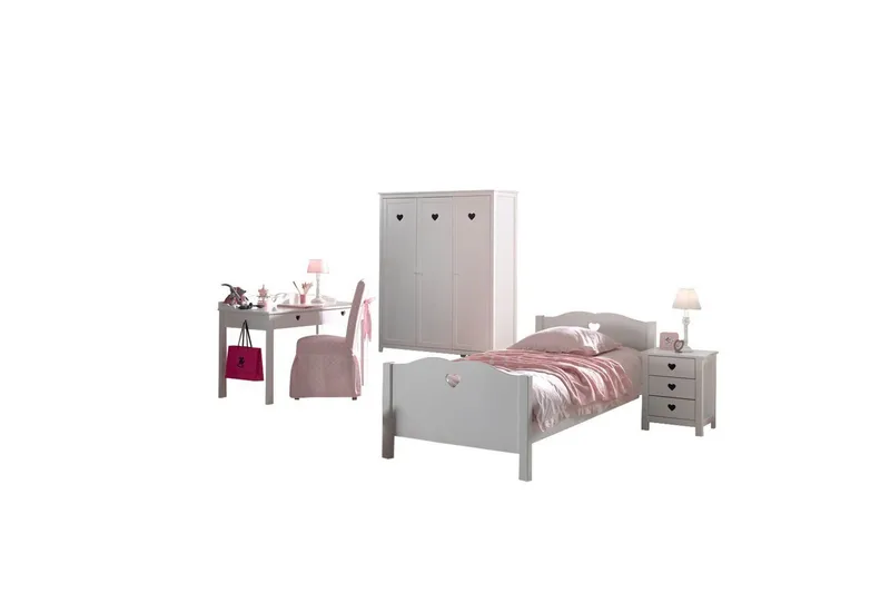 Seng med lamelbund natbord garderobe skrivebord Amori Hvid 3-døre, 3-døre