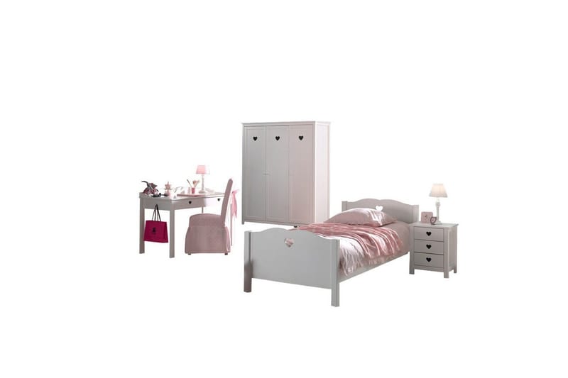 Seng med lamelbund natbord garderobe skrivebord Amori Hvid 3-døre, 3-døre