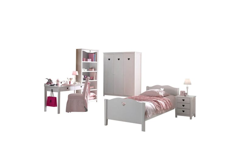 Seng med lamelbund natbord garderobe skrivebord bogreol Amori Hvid 3-døre, 3-døre