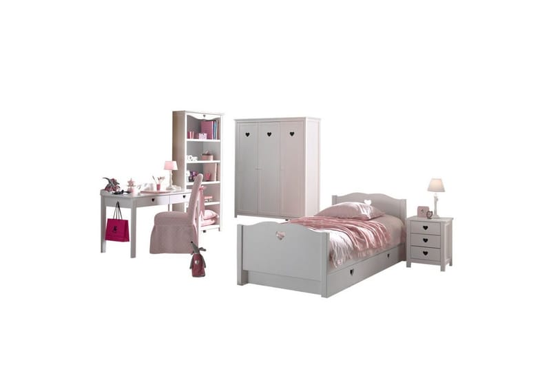 Seng med lamelbund natbord garderobe skrivebord bogreol skuffe Amori Hvid - Møbler - Møbelsæt - Møbelsæt til soveværelse