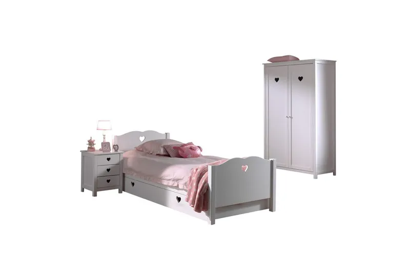 Seng med lamelbund natbord garderobe skuffe Amori Hvid 2-døre, 2-døre