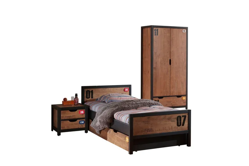 Seng med lamelbund skuffe natbord 2-dørs klædeskab Alex, undefined