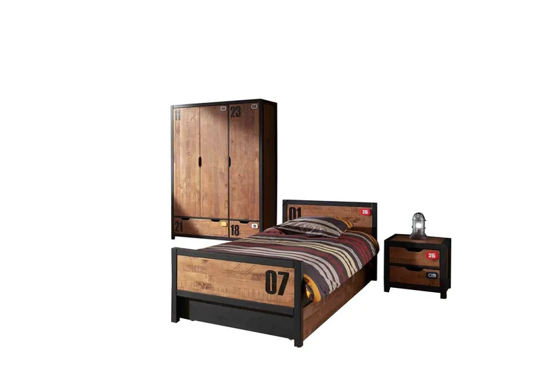 Seng med lamelbund skuffe natbord 3-dørs klædeskab Alex, undefined