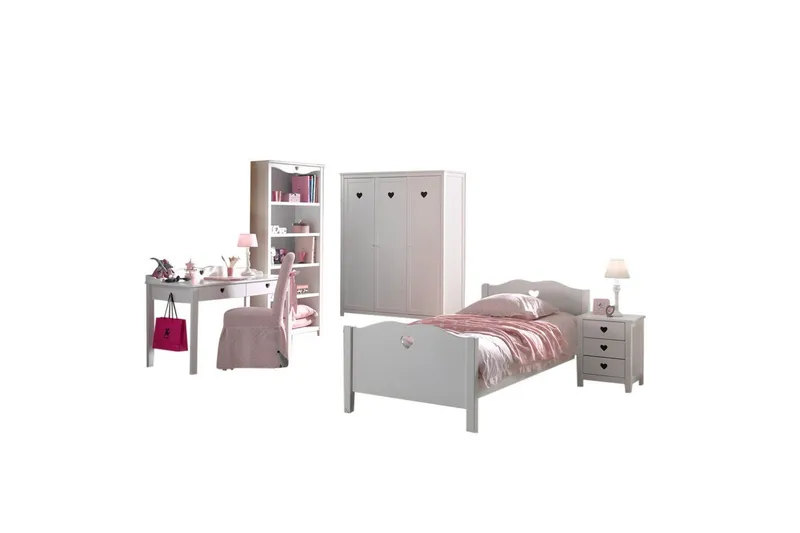 Seng med natbord garderobe skrivebord bogreol Amori Hvid 3-døre, 3-døre