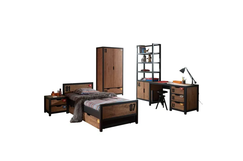 Seng med skuffe natbord skrivebord garderobe bogreol Alex 2-døre, 2-døre