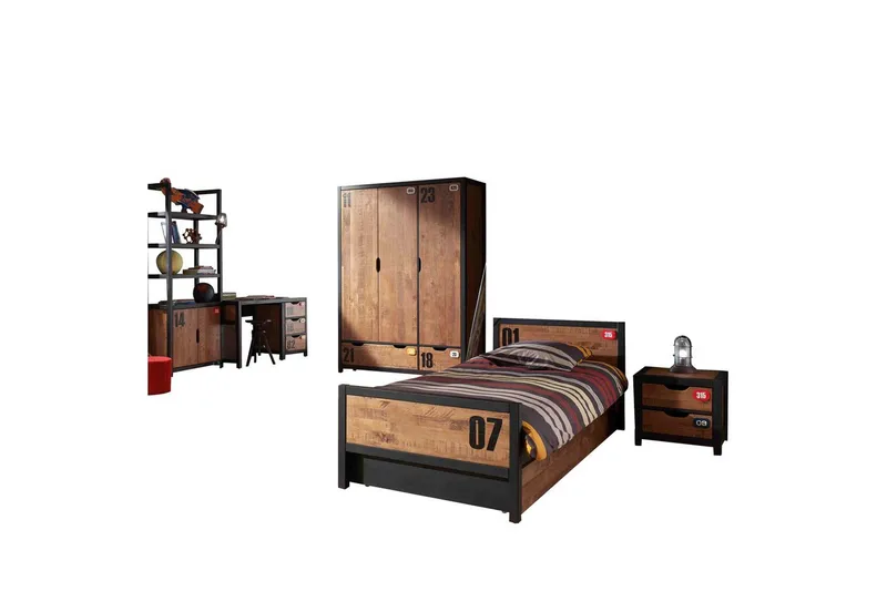 Seng med skuffe natbord skrivebord garderobe bogreol Alex 3-døre, 3-døre