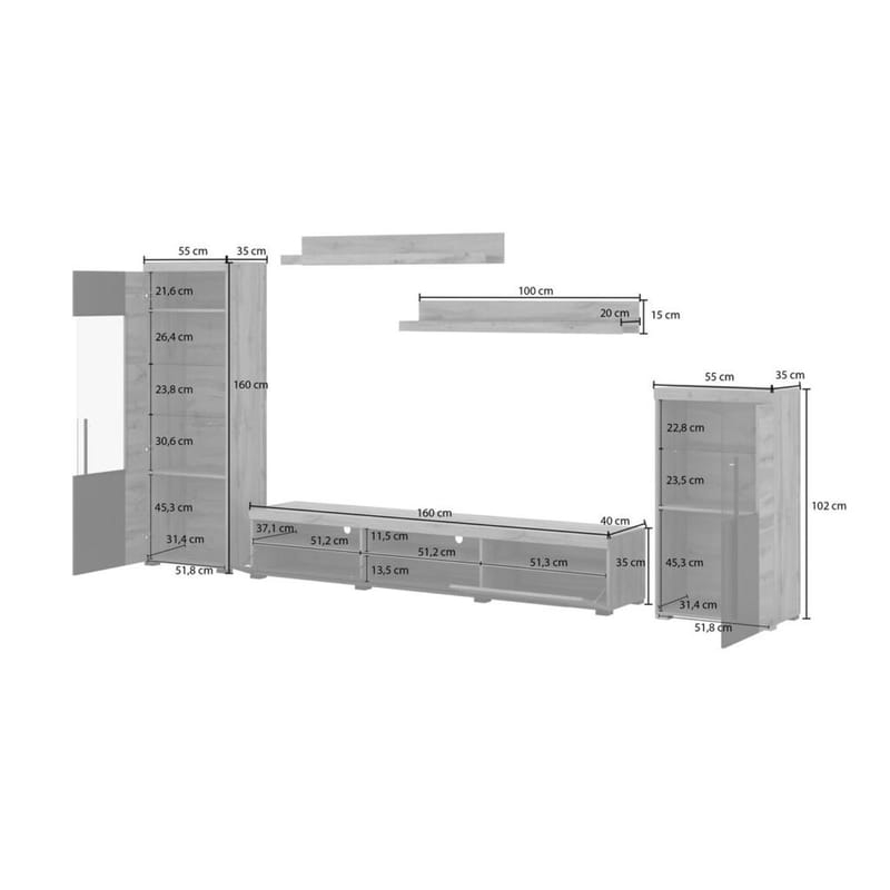 Væg enhed Roger 5 dele - Wotan Eg - Møbler - Møbelsæt - Møbelsæt til stuen